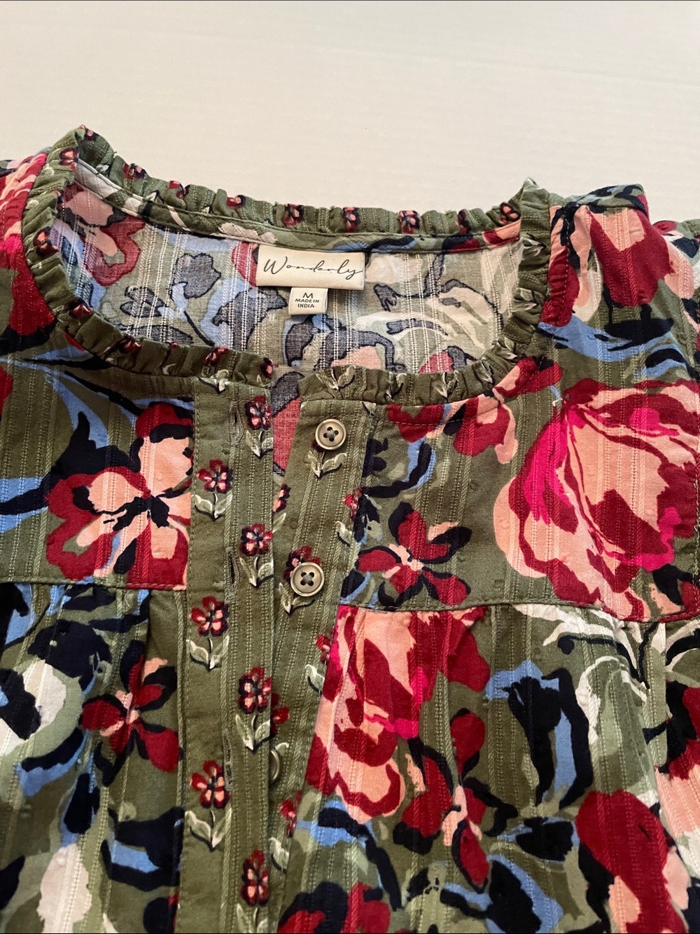 Wonderly Olive Floral Button-Front Top with Pink and Red Blooms